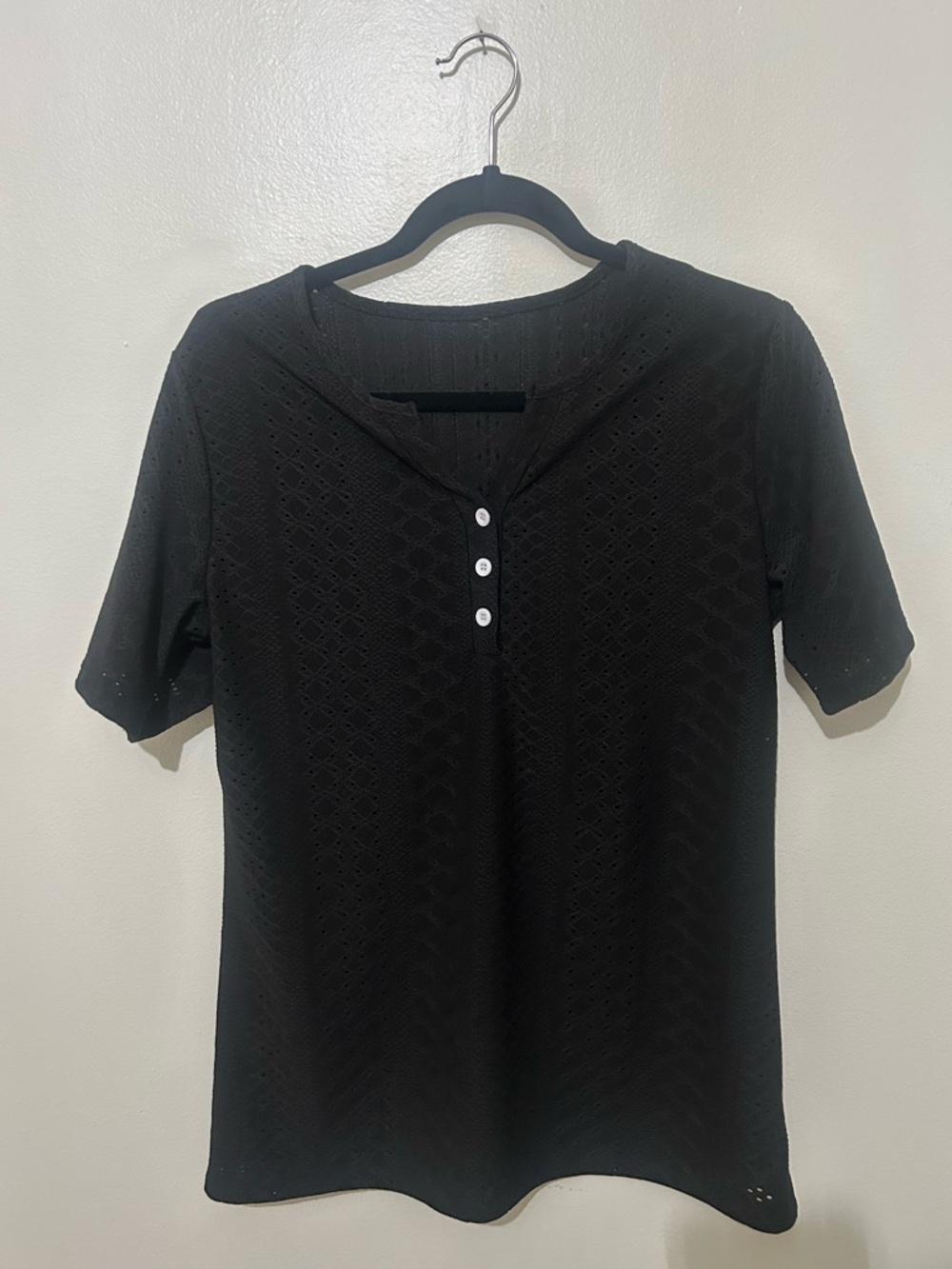 Black Short-Sleeve Henley Knit Top, Made w/Lace-Like Fabric, Size Small
